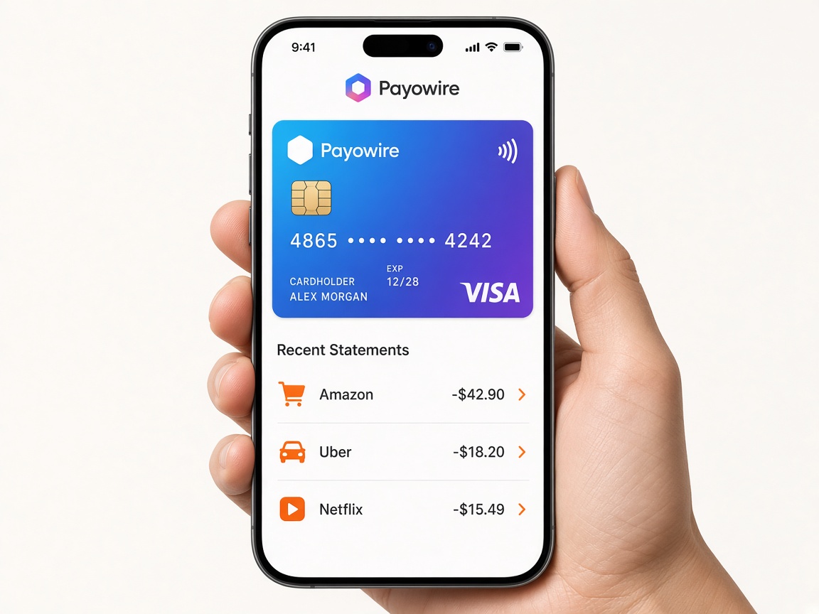 Payowire mobile app with virtual card and statement
