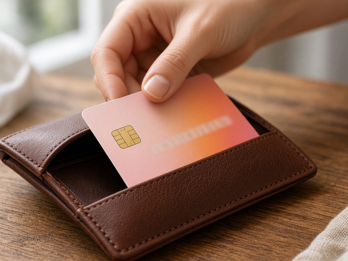 Physical payment card being placed into a wallet